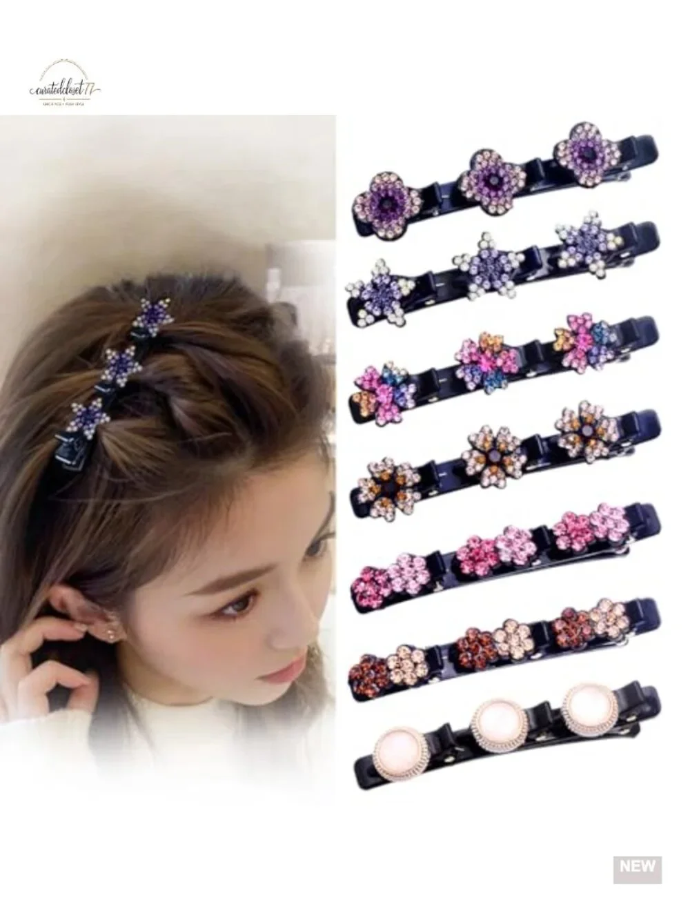 7PCS Crystal Stone Braided Hair Clips, Sparkling Rhinestone Duckbill Clips,